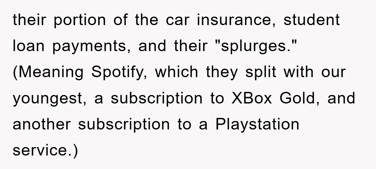 their portion of the car insurance, student loan payments, and their "splurges." (Meaning Spotify, which they split with our youngest, a subscription to XBox Gold, and another subscription to a...