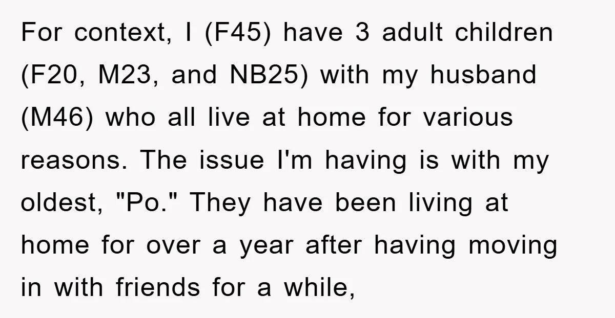 For context, I (F45) have 3 adult children (F20, M23, and NB25) with my husband (M46) who all live at home for various reasons. The issue I'm having is with...
