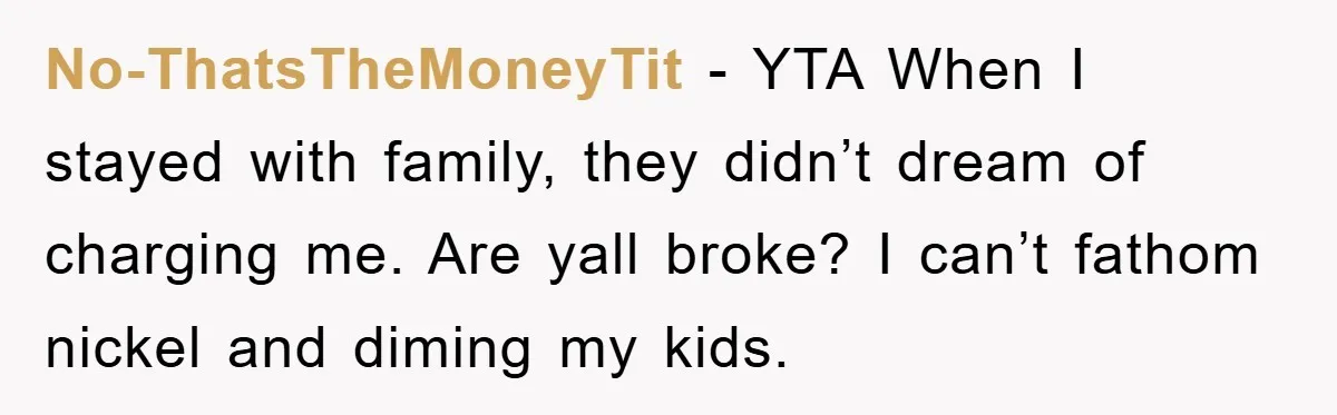 No-ThatsTheMoneyTit − YTA When I stayed with family, they didn’t dream of charging me. Are yall broke? I can’t fathom nickel and diming my kids.