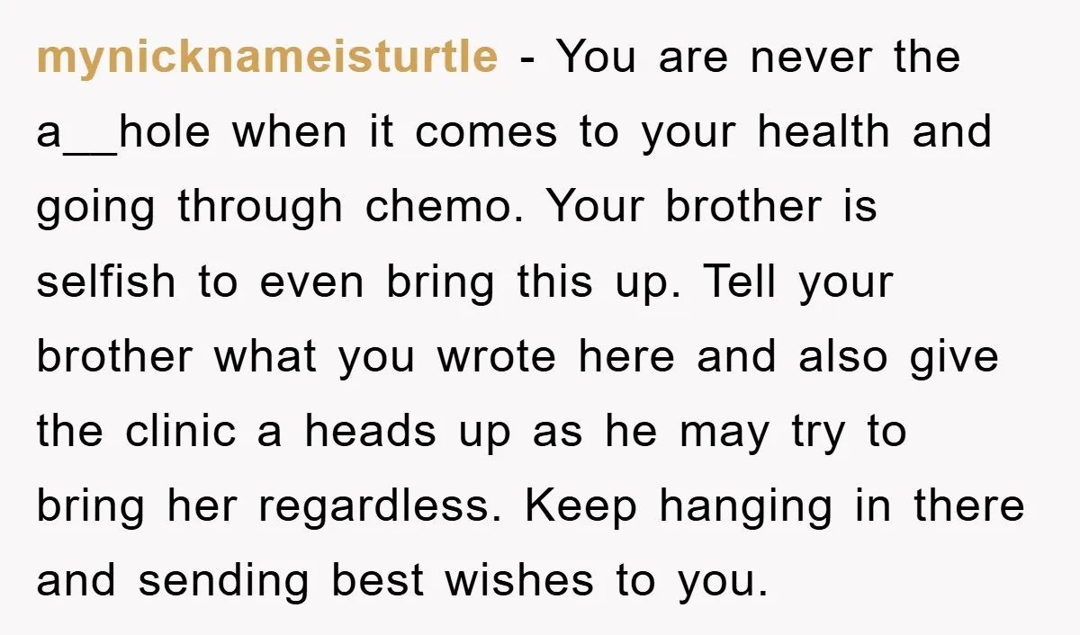 mynicknameisturtle − You are never the a__hole when it comes to your health and going through chemo. Your brother is selfish to even bring this up. Tell your brother what...