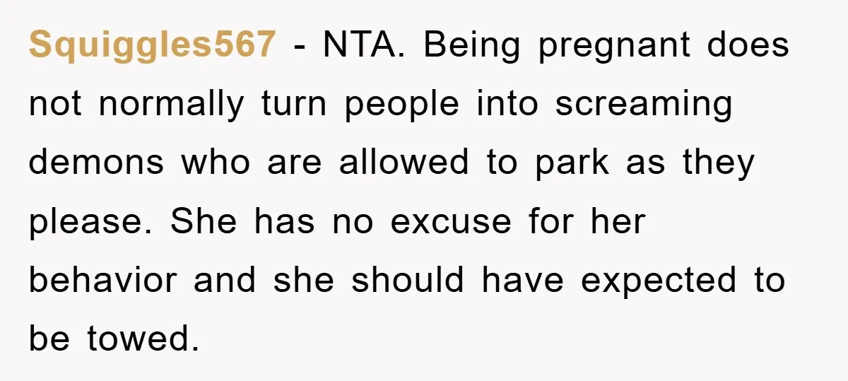 Squiggles567 − NTA. Being pregnant does not normally turn people into screaming demons who are allowed to park as they please. She has no excuse for her behavior and she...