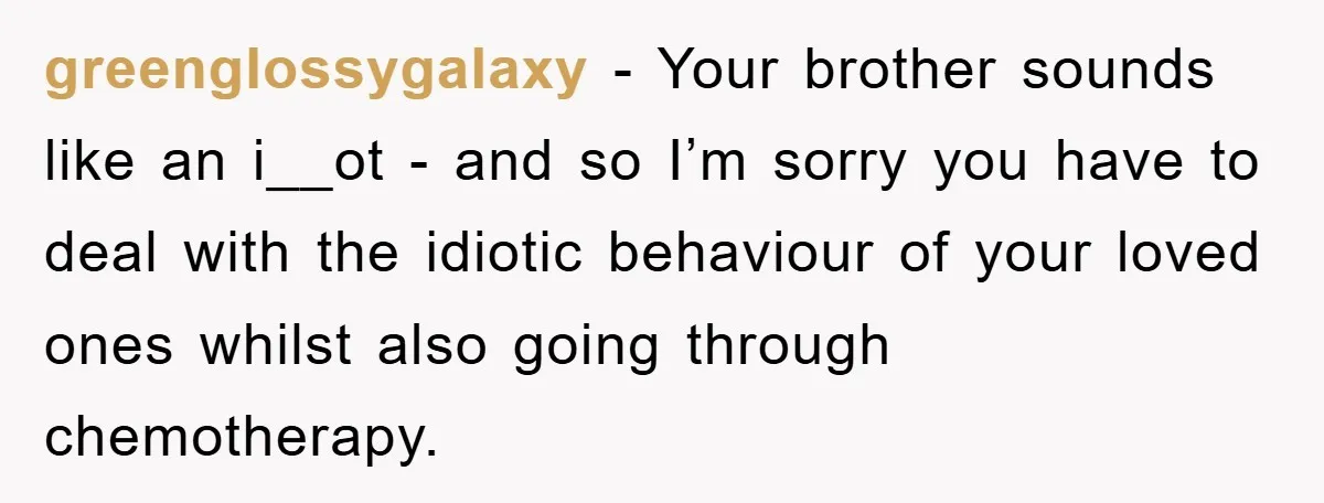 greenglossygalaxy − Your brother sounds like an i__ot - and so I’m sorry you have to deal with the idiotic behaviour of your loved ones whilst also going through chemotherapy.