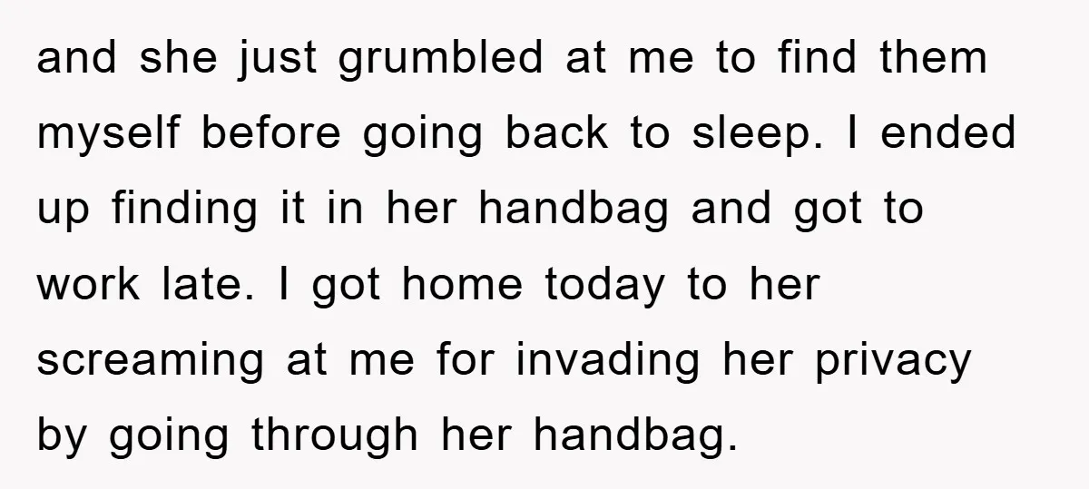 and she just grumbled at me to find them myself before going back to sleep. I ended up finding it in her handbag and got to work late. I got...