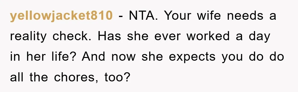 yellowjacket810 − NTA. Your wife needs a reality check. Has she ever worked a day in her life? And now she expects you do do all the chores, too?