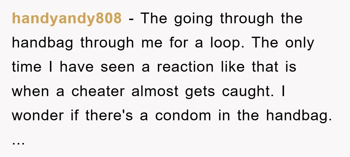 handyandy808 − The going through the handbag through me for a loop. The only time I have seen a reaction like that is when a cheater almost gets caught. I...