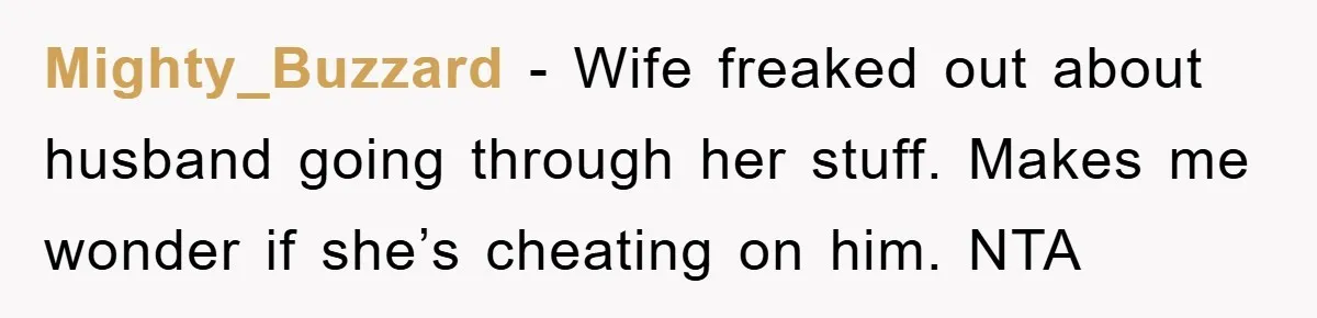 Mighty_Buzzard − Wife freaked out about husband going through her stuff. Makes me wonder if she’s cheating on him. NTA