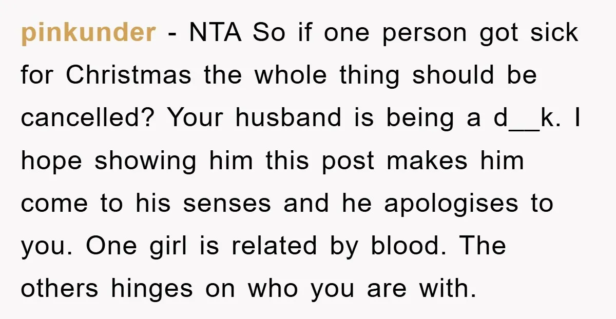 pinkunder − NTA So if one person got sick for Christmas the whole thing should be cancelled? Your husband is being a d__k. I hope showing him this post makes...