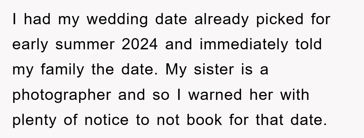I had my wedding date already picked for early summer 2024 and immediately told my family the date. My sister is a photographer and so I warned her with plenty...