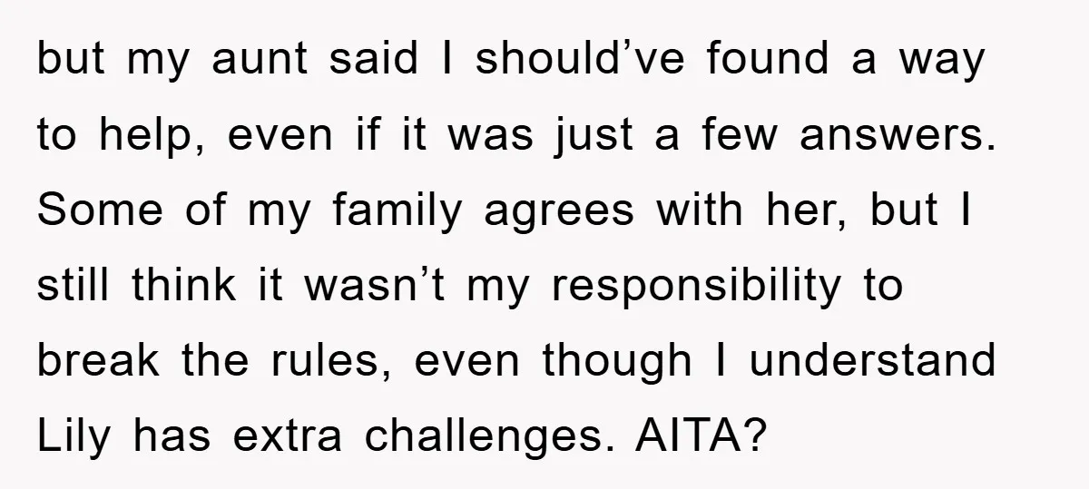 but my aunt said I should’ve found a way to help, even if it was just a few answers. Some of my family agrees with her, but I still think...
