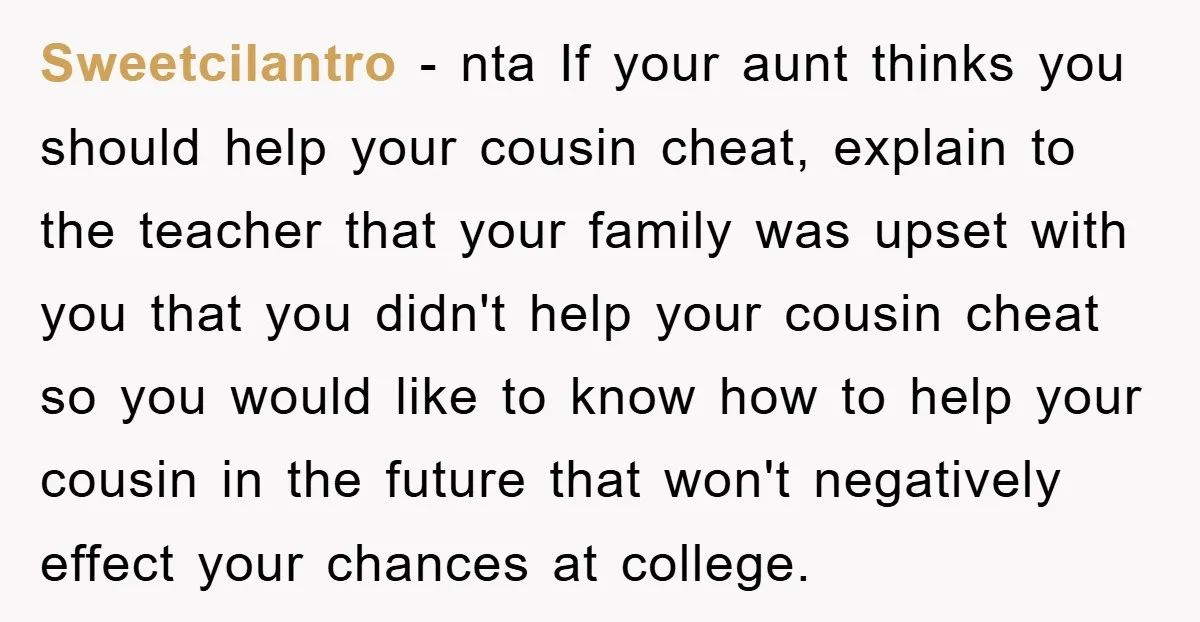 Sweetcilantro − nta If your aunt thinks you should help your cousin cheat, explain to the teacher that your family was upset with you that you didn't help your cousin...