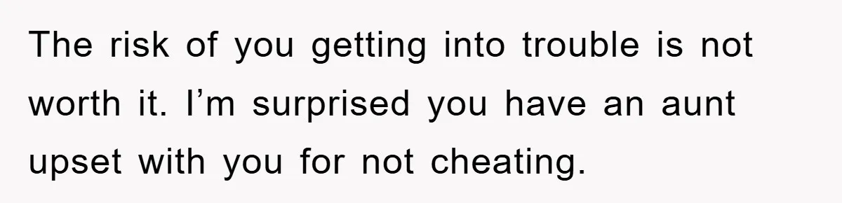 The risk of you getting into trouble is not worth it. I’m surprised you have an aunt upset with you for not cheating.