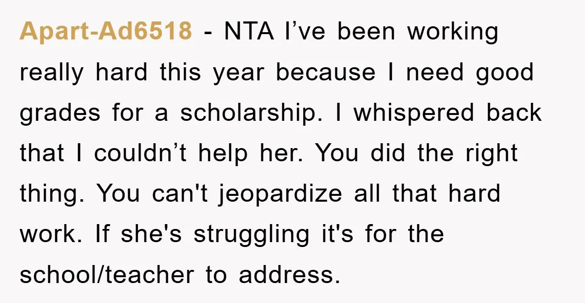 Apart-Ad6518 − NTA I’ve been working really hard this year because I need good grades for a scholarship. I whispered back that I couldn’t help her. You did the right...