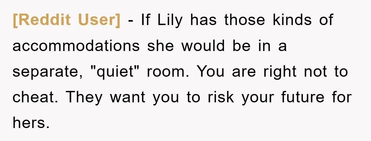 [Reddit User] − If Lily has those kinds of accommodations she would be in a separate, "quiet" room. You are right not to cheat. They want you to risk your...