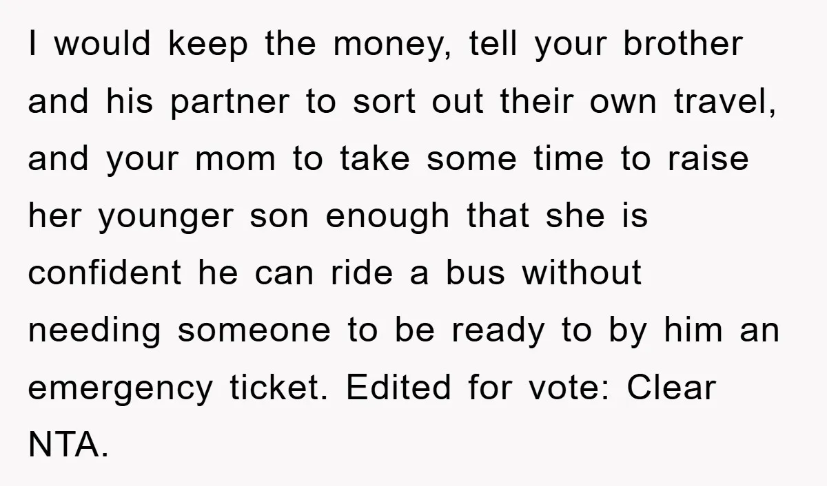 I would keep the money, tell your brother and his partner to sort out their own travel, and your mom to take some time to raise her younger son enough...