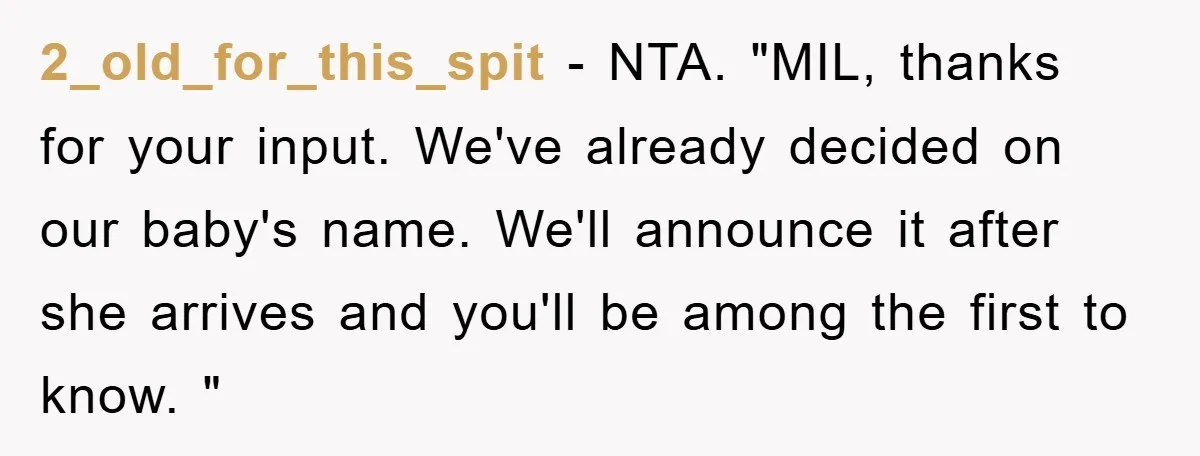 2_old_for_this_spit − NTA. "MIL, thanks for your input. We've already decided on our baby's name. We'll announce it after she arrives and you'll be among the first to know. "