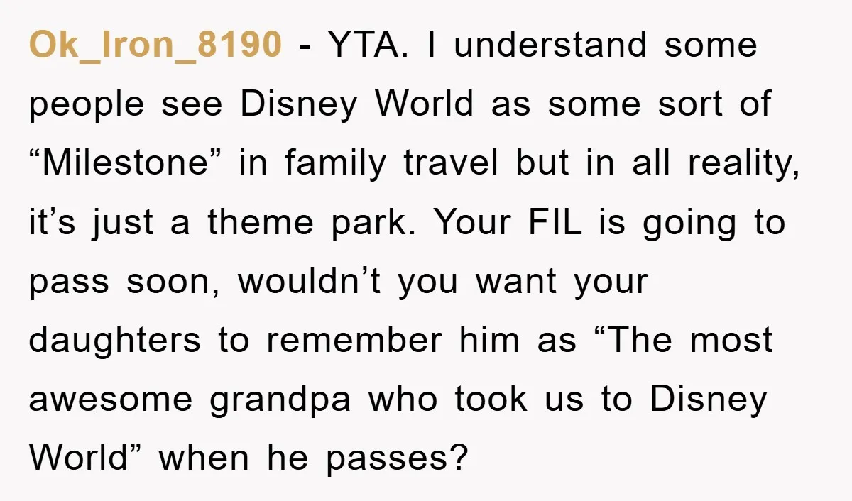 Ok_Iron_8190 − YTA. I understand some people see Disney World as some sort of “Milestone” in family travel but in all reality, it’s just a theme park. Your FIL is...