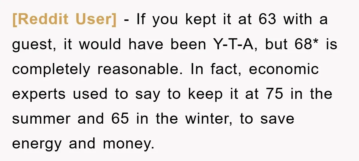 [Reddit User] − If you kept it at 63 with a guest, it would have been Y-T-A, but 68* is completely reasonable. In fact, economic experts used to say to...