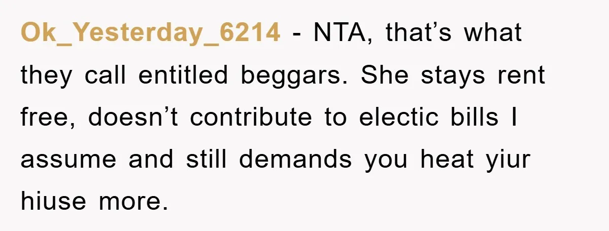 Ok_Yesterday_6214 − NTA, that’s what they call entitled beggars. She stays rent free, doesn’t contribute to electic bills I assume and still demands you heat yiur hiuse more.
