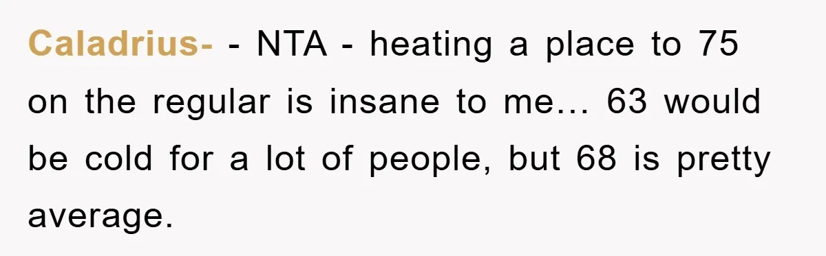 Caladrius- − NTA - heating a place to 75 on the regular is insane to me… 63 would be cold for a lot of people, but 68 is pretty average.