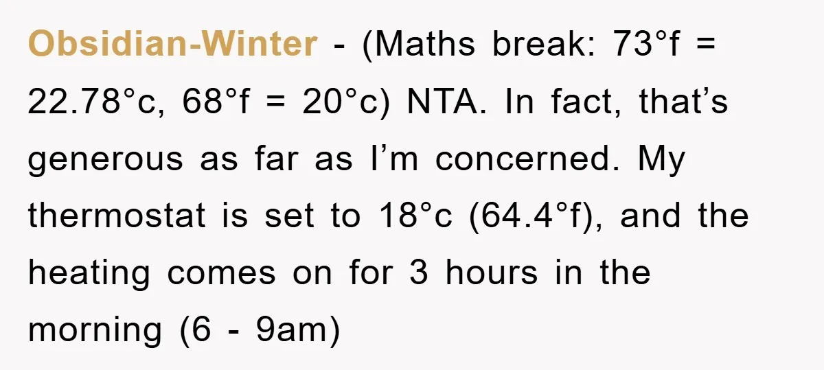 Obsidian-Winter − (Maths break: 73°f = 22.78°c, 68°f = 20°c) NTA. In fact, that’s generous as far as I’m concerned. My thermostat is set to 18°c (64.4°f), and the heating...