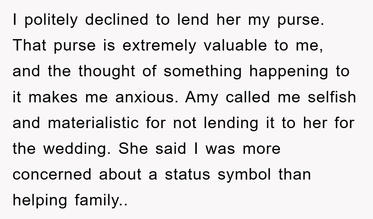 I politely declined to lend her my purse. That purse is extremely valuable to me, and the thought of something happening to it makes me anxious. Amy called me selfish...