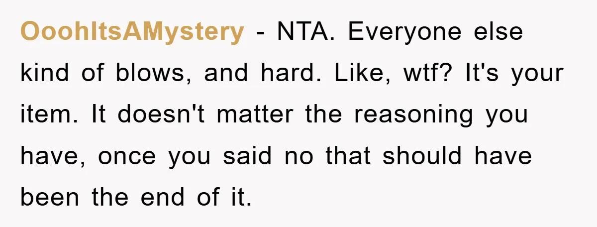 OoohItsAMystery − NTA. Everyone else kind of blows, and hard. Like, wtf? It's your item. It doesn't matter the reasoning you have, once you said no that should have been...