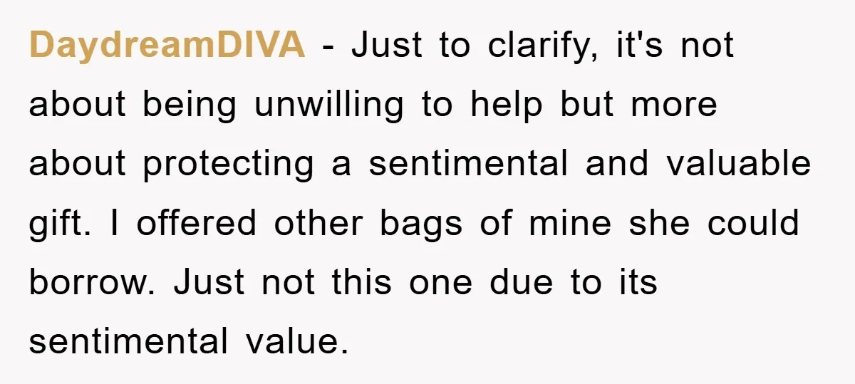 DaydreamDIVA − Just to clarify, it's not about being unwilling to help but more about protecting a sentimental and valuable gift. I offered other bags of mine she could borrow....