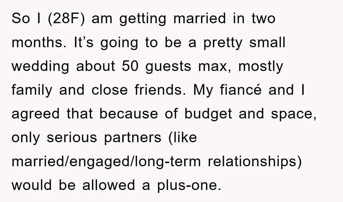 So I (28F) am getting married in two months. It’s going to be a pretty small wedding about 50 guests max, mostly family and close friends. My fiancé and I...