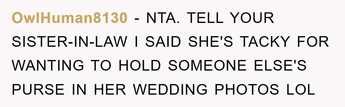 OwlHuman8130 − NTA. TELL YOUR SISTER-IN-LAW I SAID SHE'S TACKY FOR WANTING TO HOLD SOMEONE ELSE'S PURSE IN HER WEDDING PHOTOS LOL