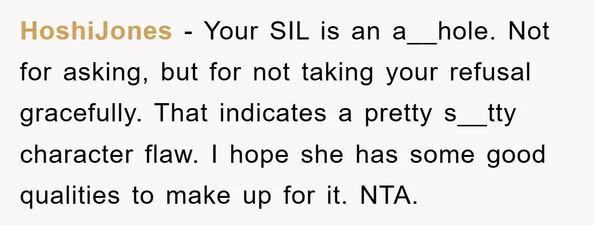 HoshiJones − Your SIL is an a__hole. Not for asking, but for not taking your refusal gracefully. That indicates a pretty s__tty character flaw. I hope she has some good...