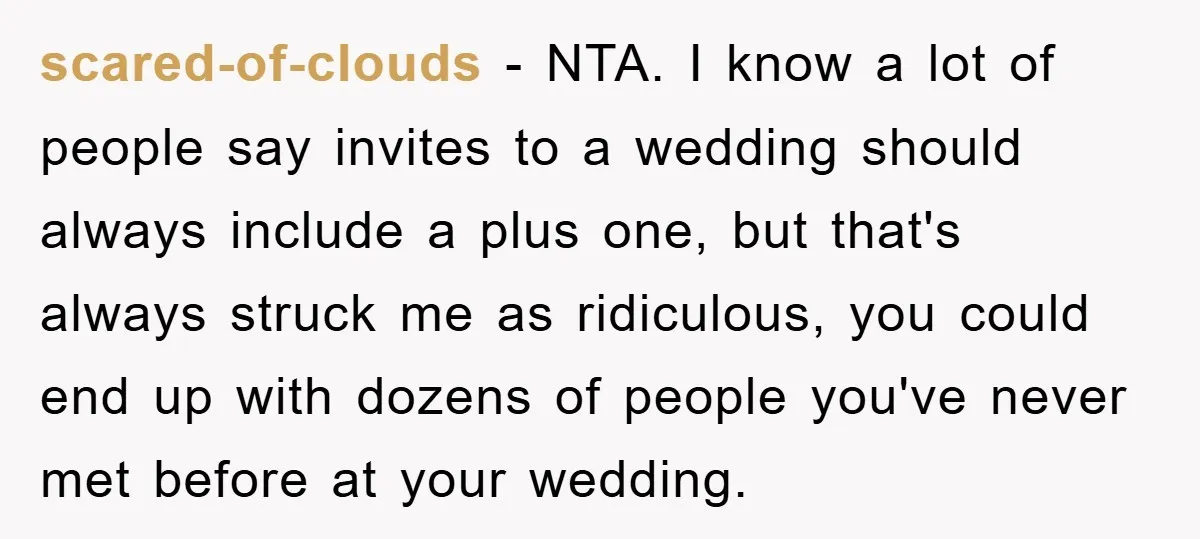 scared-of-clouds − NTA. I know a lot of people say invites to a wedding should always include a plus one, but that's always struck me as ridiculous, you could end...