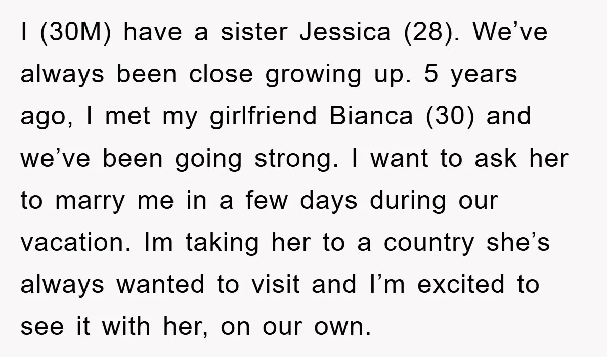 I (30M) have a sister Jessica (28). We’ve always been close growing up. 5 years ago, I met my girlfriend Bianca (30) and we’ve been going strong. I want to...