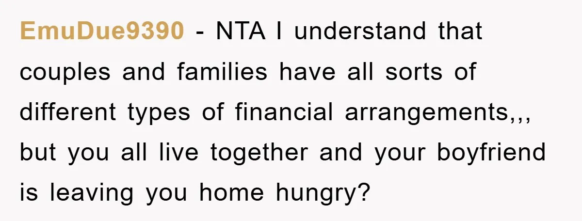 EmuDue9390 − NTA I understand that couples and families have all sorts of different types of financial arrangements,,, but you all live together and your boyfriend is leaving you home...