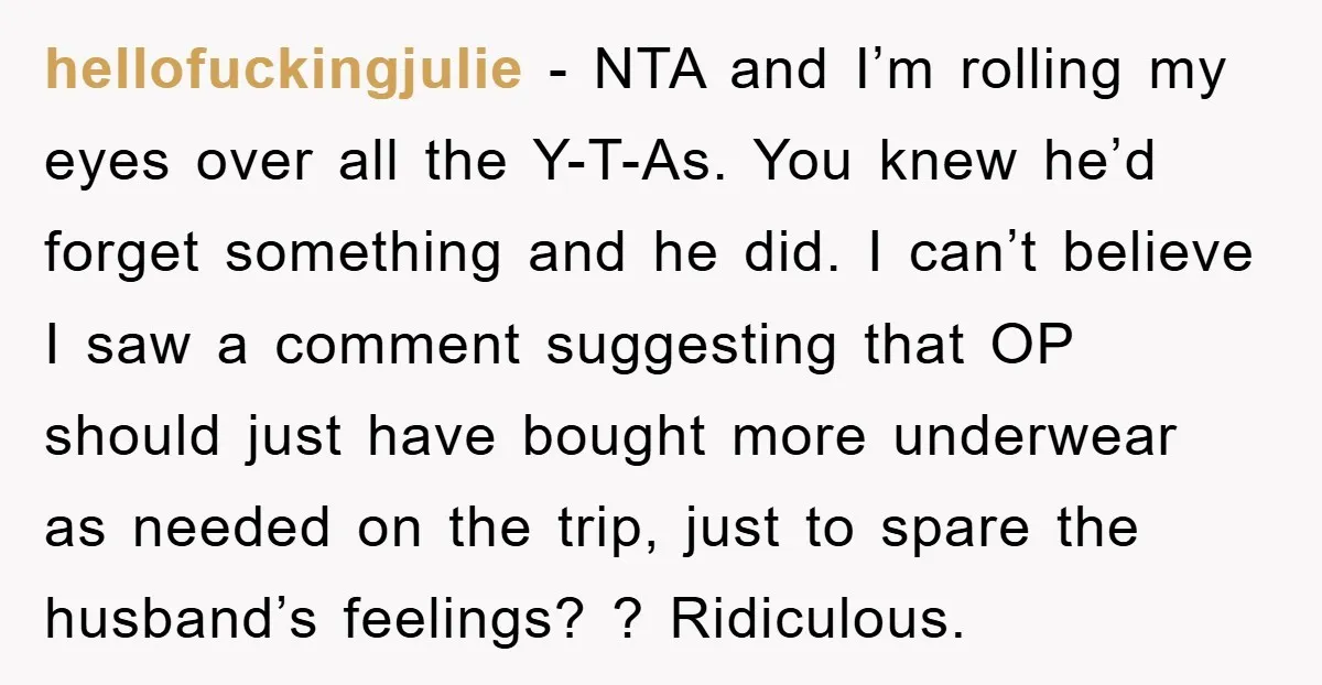 hellofuckingjulie − NTA and I’m rolling my eyes over all the Y-T-As. You knew he’d forget something and he did. I can’t believe I saw a comment suggesting that OP...