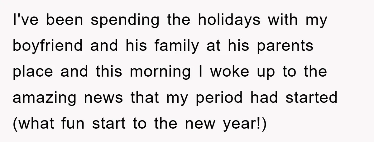 I've been spending the holidays with my boyfriend and his family at his parents place and this morning I woke up to the amazing news that my period had started...