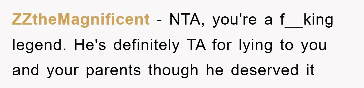 ZZtheMagnificent − NTA, you're a f__king legend. He's definitely TA for lying to you and your parents though he deserved it