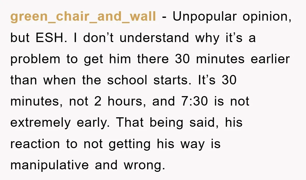 green_chair_and_wall − Unpopular opinion, but ESH. I don’t understand why it’s a problem to get him there 30 minutes earlier than when the school starts. It’s 30 minutes, not 2...