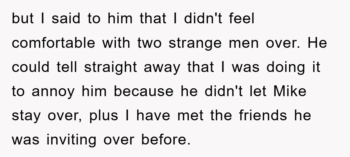 but I said to him that I didn't feel comfortable with two strange men over. He could tell straight away that I was doing it to annoy him because he...