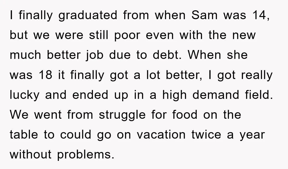 I finally graduated from when Sam was 14, but we were still poor even with the new much better job due to debt. When she was 18 it finally got...