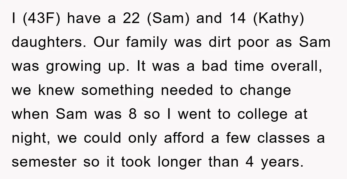 I (43F) have a 22 (Sam) and 14 (Kathy) daughters. Our family was dirt poor as Sam was growing up. It was a bad time overall, we knew something needed...