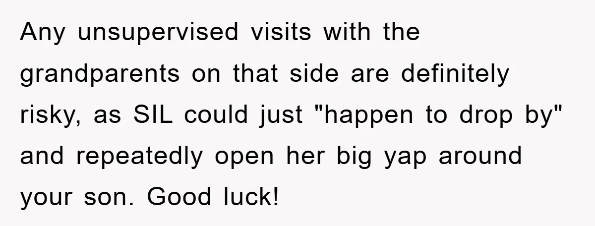 Any unsupervised visits with the grandparents on that side are definitely risky, as SIL could just "happen to drop by" and repeatedly open her big yap around your son. Good...