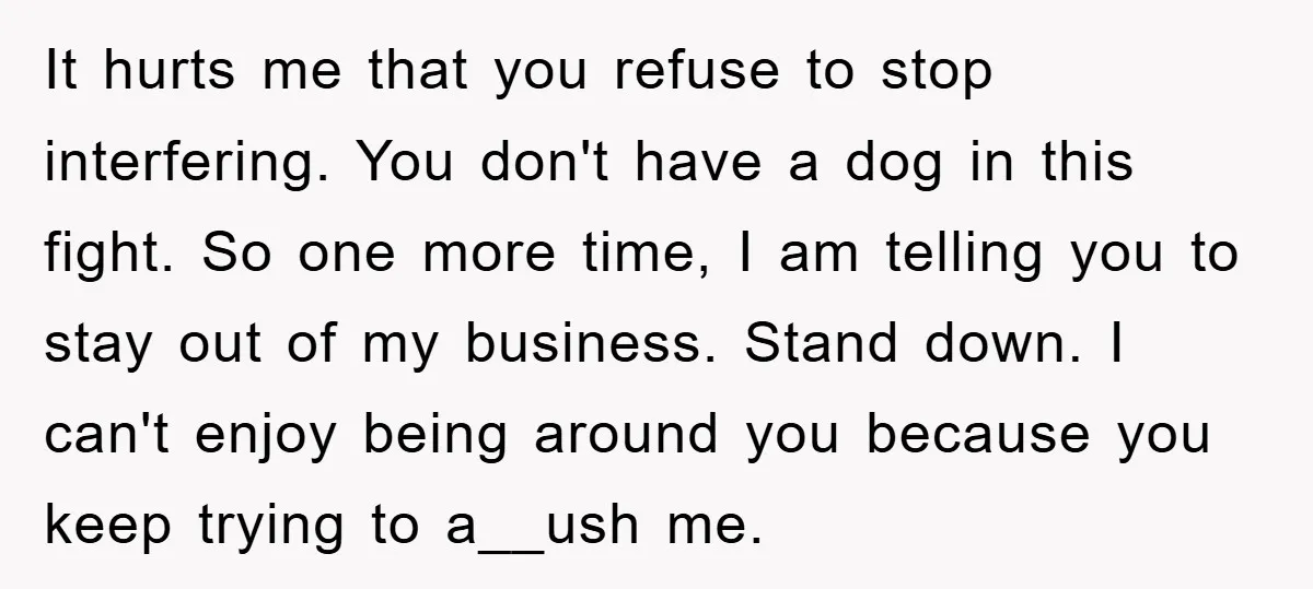 It hurts me that you refuse to stop interfering. You don't have a dog in this fight. So one more time, I am telling you to stay out of my...