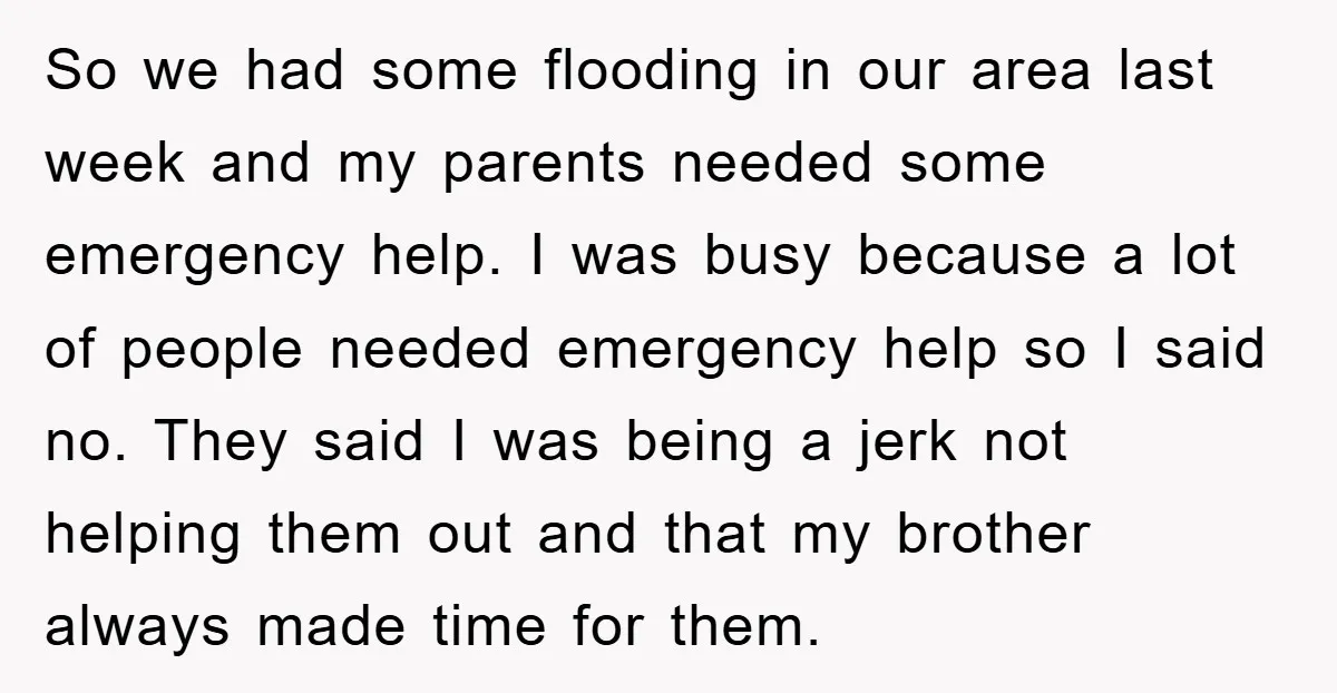 So we had some flooding in our area last week and my parents needed some emergency help. I was busy because a lot of people needed emergency help so I...