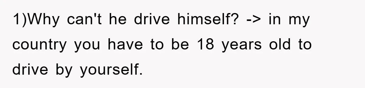 1)Why can't he drive himself? -> in my country you have to be 18 years old to drive by yourself.