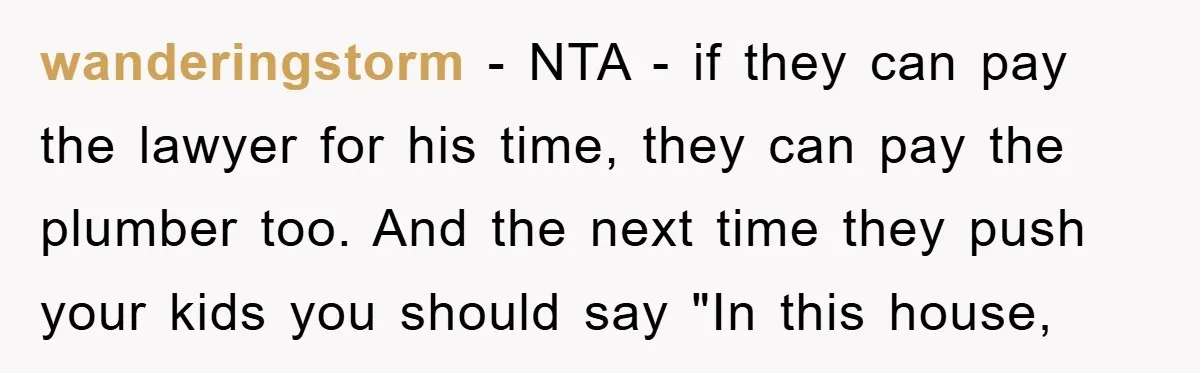 wanderingstorm − NTA - if they can pay the lawyer for his time, they can pay the plumber too. And the next time they push your kids you should say...