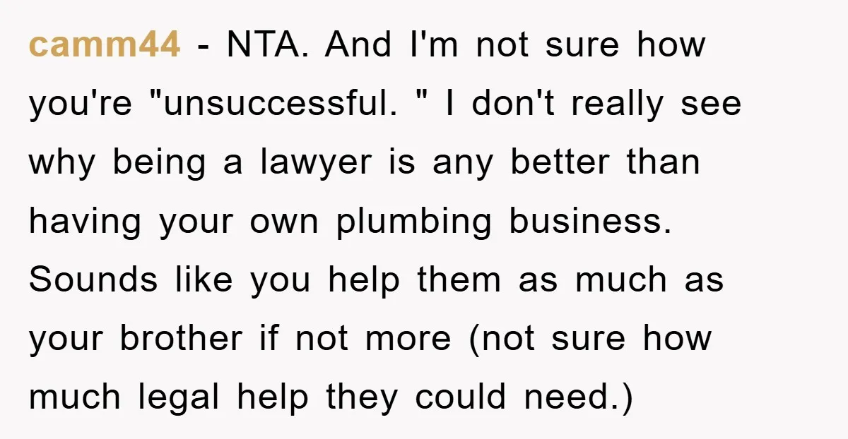 camm44 − NTA. And I'm not sure how you're "unsuccessful. " I don't really see why being a lawyer is any better than having your own plumbing business. Sounds like...
