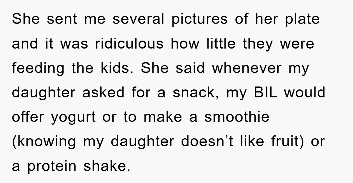 She sent me several pictures of her plate and it was ridiculous how little they were feeding the kids. She said whenever my daughter asked for a snack, my BIL...