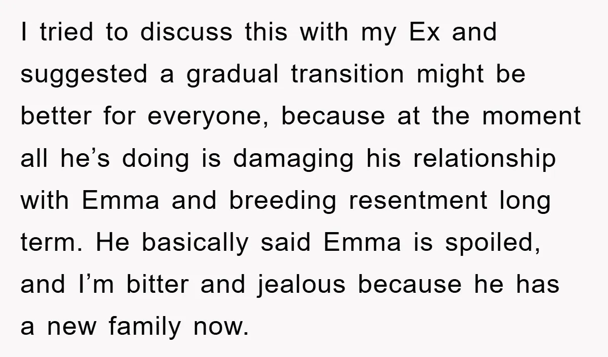 I tried to discuss this with my Ex and suggested a gradual transition might be better for everyone, because at the moment all he’s doing is damaging his relationship with...