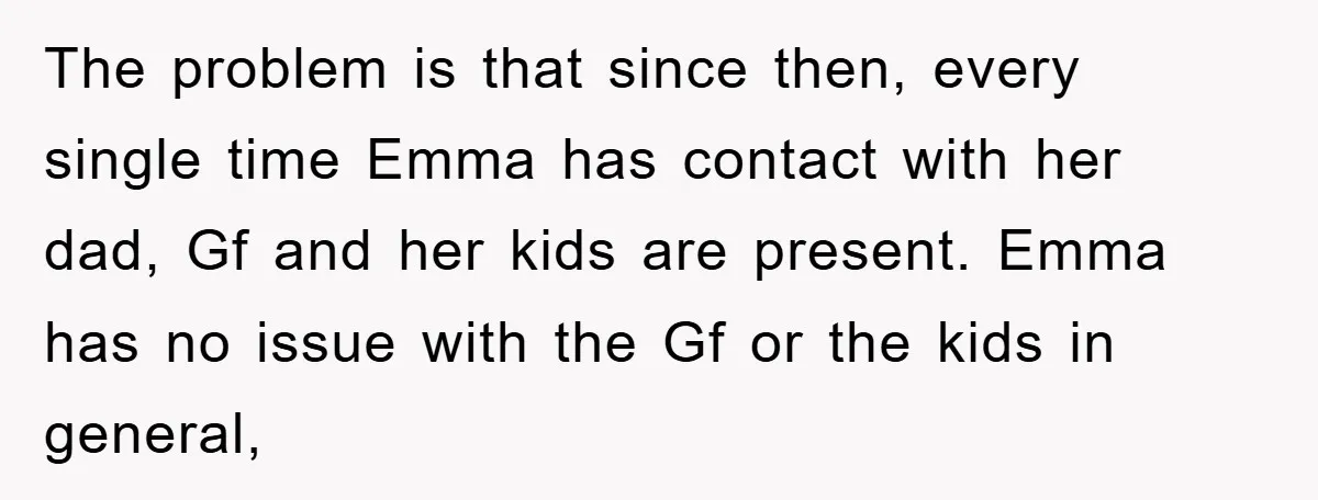 The problem is that since then, every single time Emma has contact with her dad, Gf and her kids are present. Emma has no issue with the Gf or the...