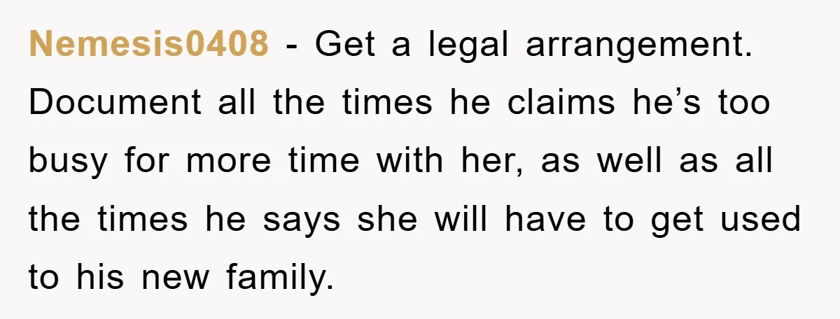 Nemesis0408 − Get a legal arrangement. Document all the times he claims he’s too busy for more time with her, as well as all the times he says she will...